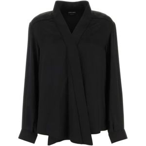 Giorgio Armani, Blouses & Shirts, Dames, Zwart, M, Satijn, Zijden Sjaalkraag Zwarte Shirt