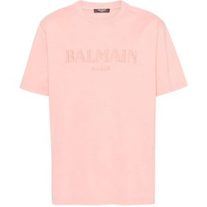 Balmain, Tops, Heren, Roze, S, Katoen, Zalmroze Logo Geborduurde Jersey Tee