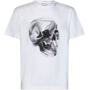 Alexander McQueen, Tops, Heren, Wit, L, Katoen, Witte T-shirt met Dragonfly Skull Print