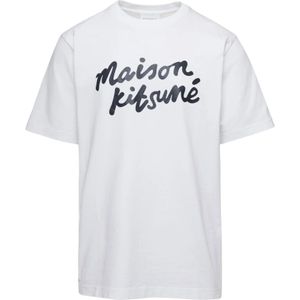 Maison Kitsuné, Tops, Heren, Wit, L, Katoen, Handwriting Comfort Tee-Shirt Wit