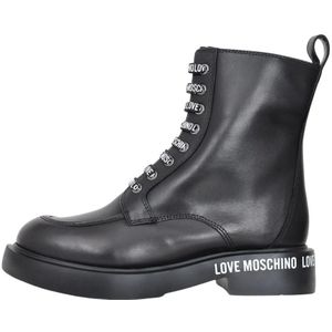 Love Moschino, Schoenen, Dames, Zwart, 41 EU, Leer, Zwarte Logo Print High-Top Laarzen