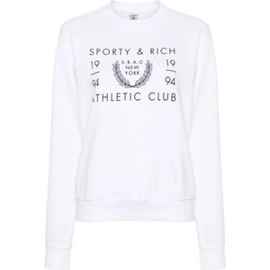 Sporty & Rich, Witte Katoenen Trui met Ronde Hals Wit, Dames, Maat:L