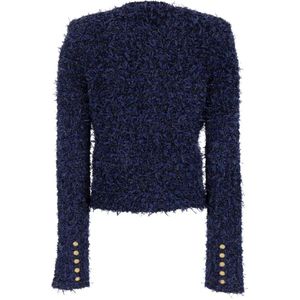 Balmain, Truien, Dames, Blauw, M, Tweed, Blauwe Kraagloze Tweed Jas met Metalen Patroon