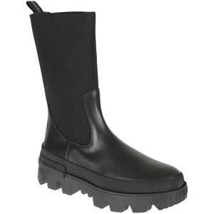 Moncler, Schoenen, Dames, Zwart, 37 1/2 EU, Leer, Leren Logo Laarzen voor Vrouwen