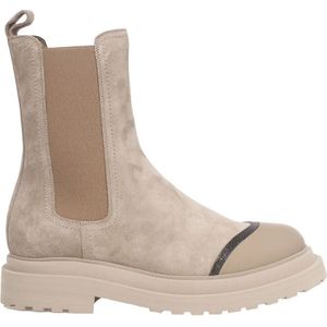 Brunello Cucinelli, Chelsea Boot in Suède en Kalf Beige, Dames, Maat:40 EU