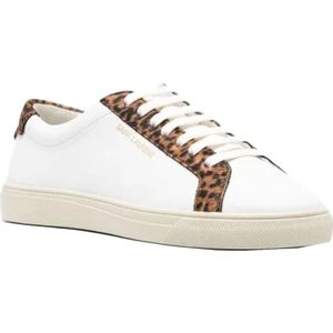 Saint Laurent, Schoenen, Dames, Wit, 37 EU, Leer, Luipaardprint Sneakers voor Verhoogde Stijl