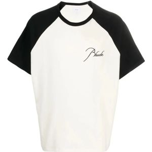 Rhude, Tops, Heren, Wit, S, Katoen, Vintage Wit/Zwart Raglan T-Shirt met Logo Borduursel