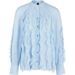 Marc Cain, Blouses & Shirts, Dames, Blauw, L, Tijdloze Elegantie: Blauwe Blouse met Volants en Glanzende Knopen