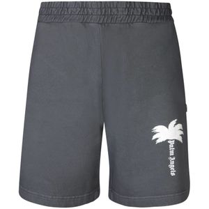 Palm Angels, Korte broeken, Heren, Grijs, M, Katoen, Grijze Shorts Elastische Taille Zakken