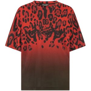 Dolce & Gabbana, Tops, Heren, Veelkleurig, S, Katoen, Rode Leopard Print Katoenen Jersey T-shirt