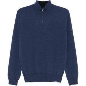 Corneliani, Truien, Heren, Blauw, L, Wol, Luxe Wol Kasjmier Half-Zip Trui