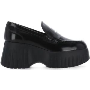 Hogan, Schoenen, Dames, Zwart, 37 EU, Zwarte Leren Loafers Ronde Neus