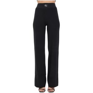 Calvin Klein Jeans, Zwarte Uitlopende Katoenen Ribbroeken Zwart, Dames, Maat:M