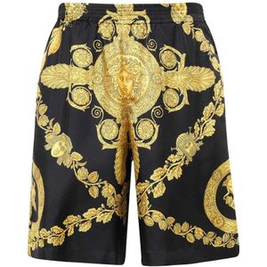 Versace, Korte broeken, Heren, Zwart, L, Luxe zwarte zijden shorts met trekkoord in de taille