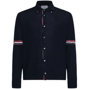 Thom Browne, Overhemden, Heren, Blauw, L, Wol, Navy Blauwe Merinowollen Overhemd