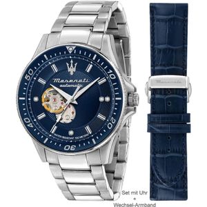 Maserati, Accessoires, Heren, Grijs, ONE Size, Automatisch Stalen Horloge, Blauwe Kast