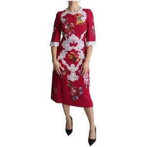 Dolce & Gabbana, Kleedjes, Dames, Rood, S, Rode Bloemen Geborduurde Sheath Midi Jurk