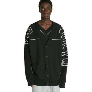 Y-3, Intarsia Gebreid Cardigan met Logo Zwart, Heren, Maat:L