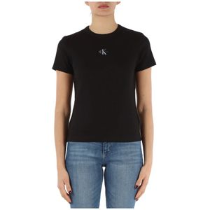 Calvin Klein Jeans, Stretch Katoenen Geribbelde T-shirt Zwart, Dames, Maat:XS