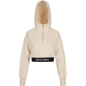 Palm Angels, Sweatshirts & Hoodies, Dames, Wit, S, Katoen, Witte Crop Hoodie met Logo Band