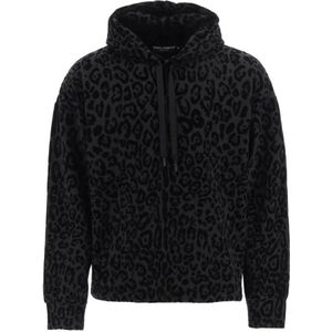 Dolce & Gabbana, Sweatshirts & Hoodies, Heren, Zwart, M, Leopard Flocked Hoodie Sweatshirt
