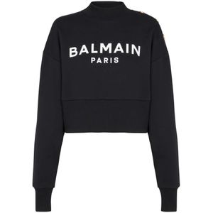Balmain, Sweatshirts & Hoodies, Dames, Zwart, XS, Katoen, Katoenen cropped sweatshirt met logoprint
