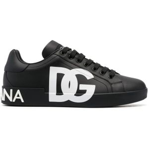 Dolce & Gabbana, Schoenen, Heren, Zwart, 44 EU, Leer, Zwarte Portofino Logo-Print Sneakers