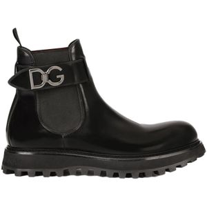 Dolce & Gabbana, Schoenen, Heren, Zwart, 44 EU, Leer, Geborsteld kalfsleren enkellaarzen