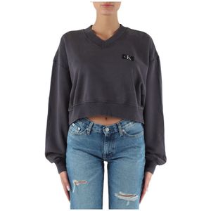 Calvin Klein Jeans, Sweatshirts & Hoodies, Dames, Grijs, XS, Katoen, Katoenen V-hals sweatshirt met logopatch