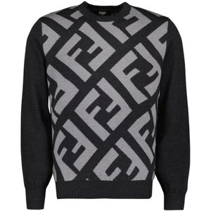 Fendi, Sweatshirts & Hoodies, Heren, Grijs, XL, Wol, FF Print Wollen Sweatshirt