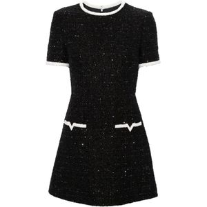 Valentino, Zwarte Tweed Lurex Jurk met VLogo Details Zwart, Dames, Maat:S