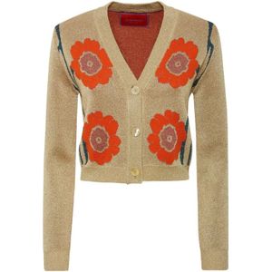 La DoubleJ, Glanzende Gouden V-Hals Cardigan Beige, Dames, Maat:S