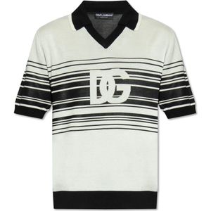 Dolce & Gabbana, Tops, Heren, Beige, S, Zijden polo shirt met logo