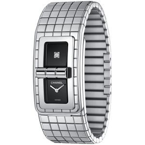 Chanel, Accessoires, Dames, Grijs, ONE Size, Elegante Quartz Horloge met Zwarte Gelakte Wijzerplaten en Diamanten Accent