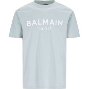 Balmain, Tops, Heren, Blauw, L, Katoen, Biologisch Katoenen Grijs Logo T-shirt