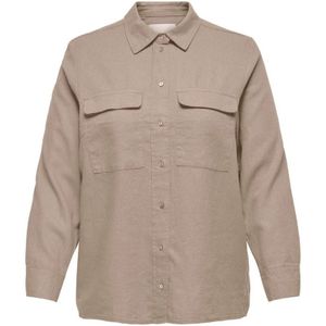 Only Carmakoma, Oversized Linnen Blouse Oxford Tan Ruit Beige, Dames, Maat:6XL