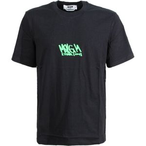 Msgm, Tops, Heren, Zwart, M, Katoen, Zwart Logo Print Crew-neck T-shirt