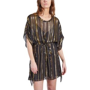 Iro, Kleedjes, Dames, Zwart, M, Leer, Gestreepte Zijden Kaftan Jurk