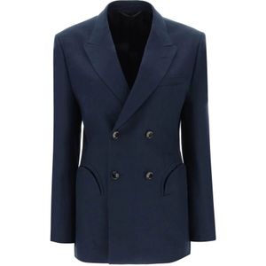 Blazé Milano, Linnen Daybreak Double-Breasted Blazer Blauw, Dames, Maat:M