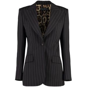 Dolce & Gabbana, Jassen, Dames, Bruin, S, Wol, Pinstripe Blazer met Luipaardprint Voering