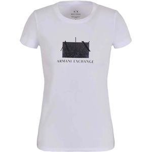 Armani Exchange, Tops, Dames, Wit, XL, Katoen, Glitter Logo Tee Casual White Shirt