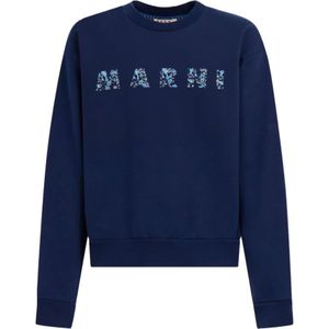 Marni, Truien, Heren, Blauw, L, Katoen, Logo-Print Katoenen Sweatshirt
