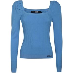 Karl Lagerfeld, Tops, Dames, Blauw, M, Polyester, Geribbelde Viscose Top met Geborduurd Logo