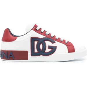 Dolce & Gabbana, Schoenen, Heren, Veelkleurig, 42 1/2 EU, Leer, Wit leren lage sneakers met rode hiel