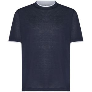 Brunello Cucinelli, Tops, Heren, Blauw, M, Katoen, Blauwe Gelaagde Zijde-Katoen T-shirts Polos