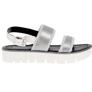 Pollini, Schoenen, Dames, Grijs, 39 EU, Zilver Wit Glitter Platte Sandalen voor Vrouwen