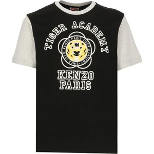 Kenzo, Tops, Heren, Zwart, M, Katoen, Zwart Tiger Academi Print T-shirt