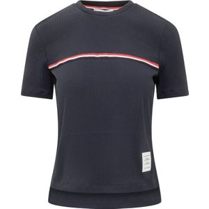 Thom Browne, Korte mouwen T-shirt met ronde hals en logo borduursel Blauw, Dames, Maat:S