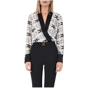 Elisabetta Franchi, Blouses & Shirts, Dames, Wit, M, Satijn, Gedrukt Logo Georgette Body Shirt