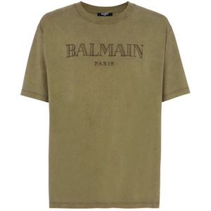 Balmain, Tops, Heren, Groen, M, Katoen, Vintage geborduurd T-shirt